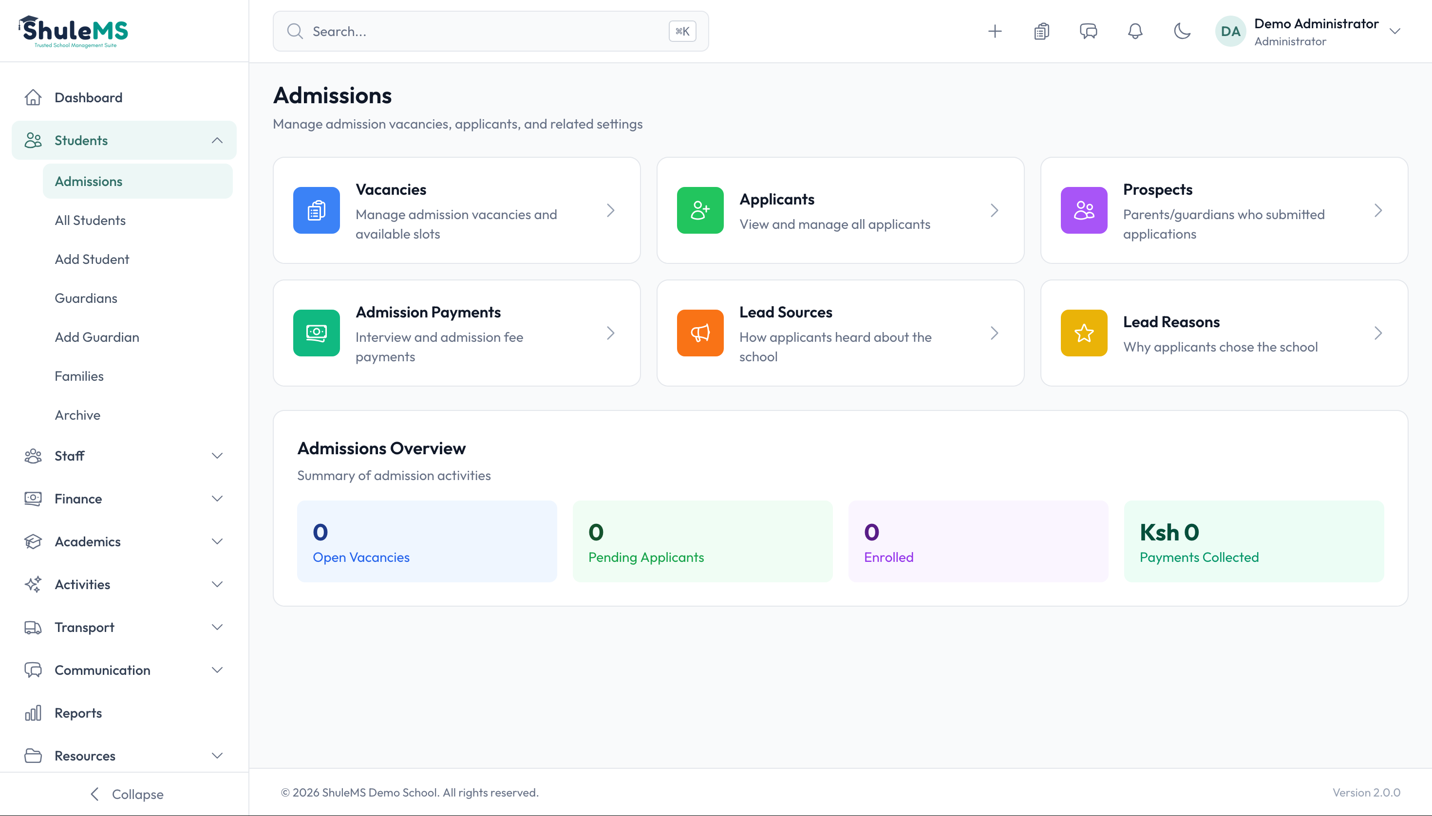ShuleMS Admissions Dashboard